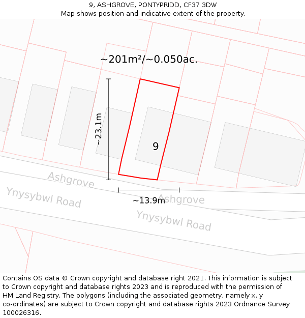 9, ASHGROVE, PONTYPRIDD, CF37 3DW: Plot and title map