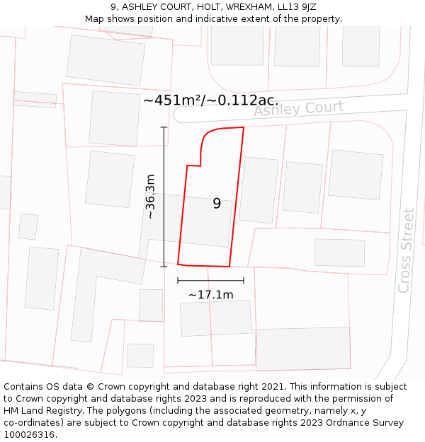 9, ASHLEY COURT, HOLT, WREXHAM, LL13 9JZ: Plot and title map