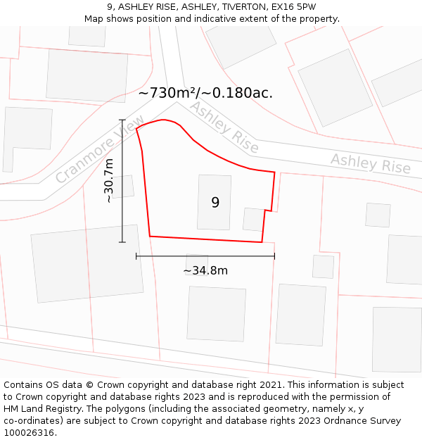 9, ASHLEY RISE, ASHLEY, TIVERTON, EX16 5PW: Plot and title map