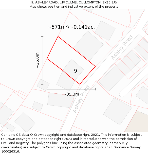 9, ASHLEY ROAD, UFFCULME, CULLOMPTON, EX15 3AY: Plot and title map