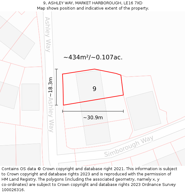 9, ASHLEY WAY, MARKET HARBOROUGH, LE16 7XD: Plot and title map