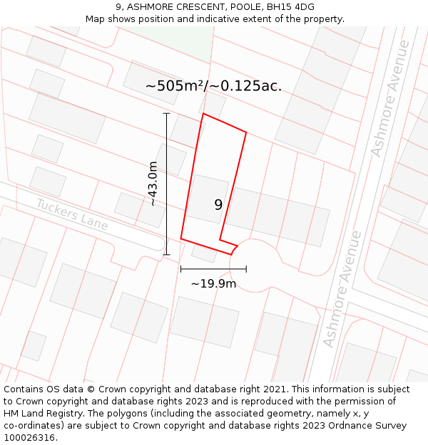 9, ASHMORE CRESCENT, POOLE, BH15 4DG: Plot and title map