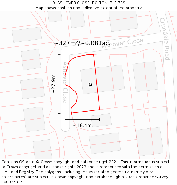 9, ASHOVER CLOSE, BOLTON, BL1 7RS: Plot and title map