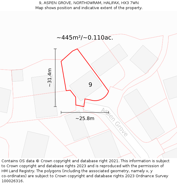 9, ASPEN GROVE, NORTHOWRAM, HALIFAX, HX3 7WN: Plot and title map