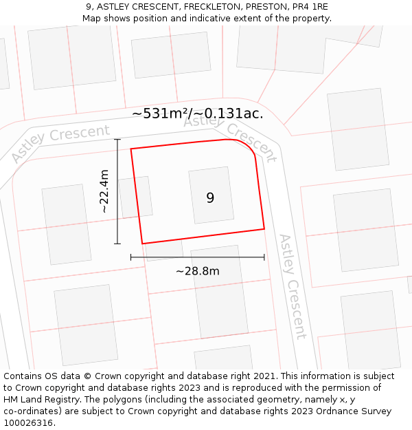 9, ASTLEY CRESCENT, FRECKLETON, PRESTON, PR4 1RE: Plot and title map