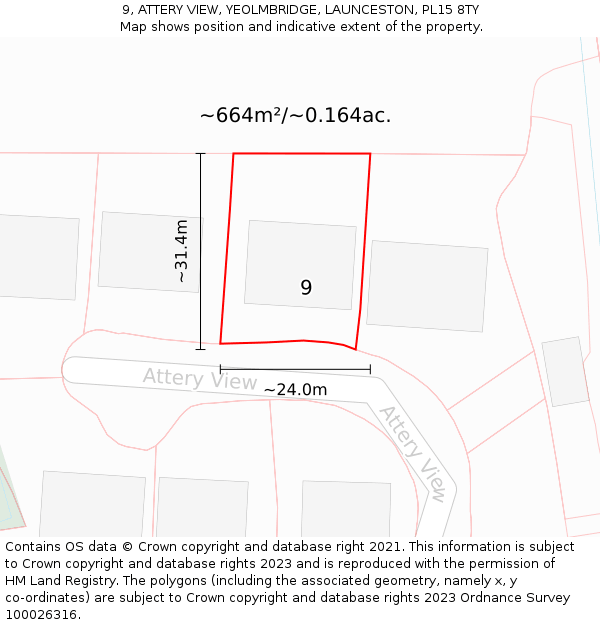9, ATTERY VIEW, YEOLMBRIDGE, LAUNCESTON, PL15 8TY: Plot and title map