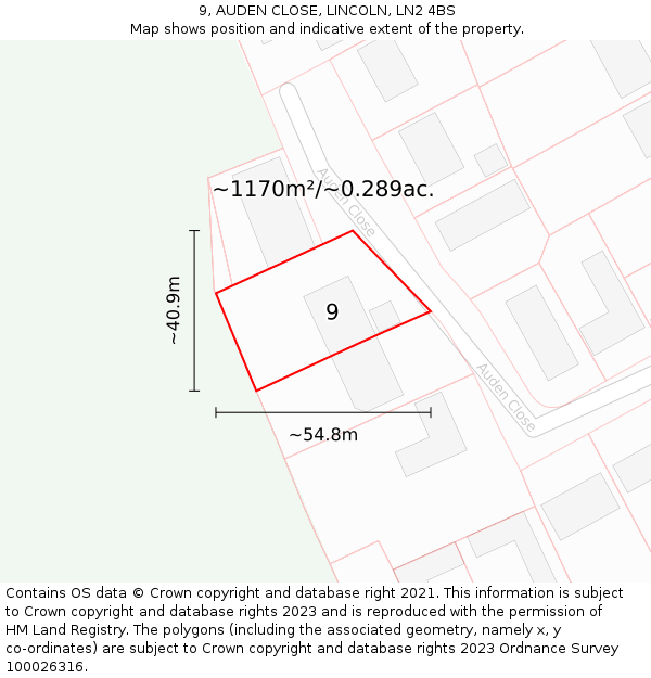 9, AUDEN CLOSE, LINCOLN, LN2 4BS: Plot and title map