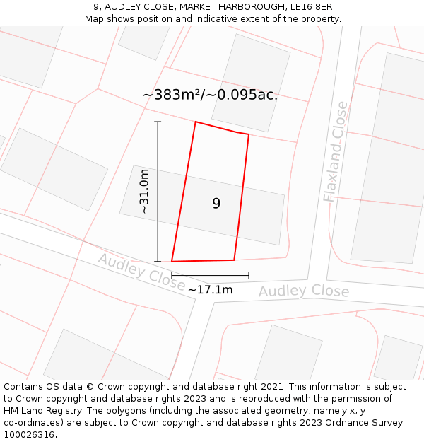 9, AUDLEY CLOSE, MARKET HARBOROUGH, LE16 8ER: Plot and title map