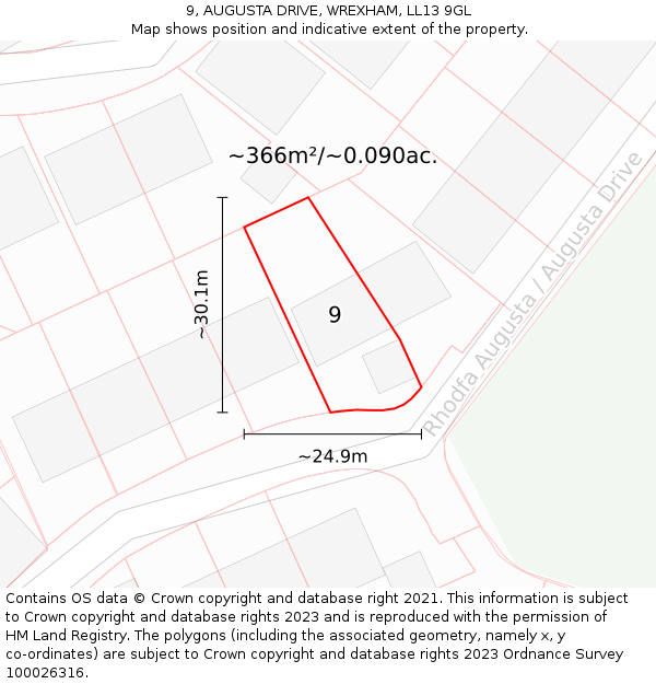9, AUGUSTA DRIVE, WREXHAM, LL13 9GL: Plot and title map