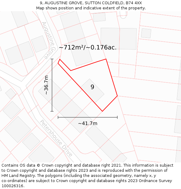 9, AUGUSTINE GROVE, SUTTON COLDFIELD, B74 4XX: Plot and title map
