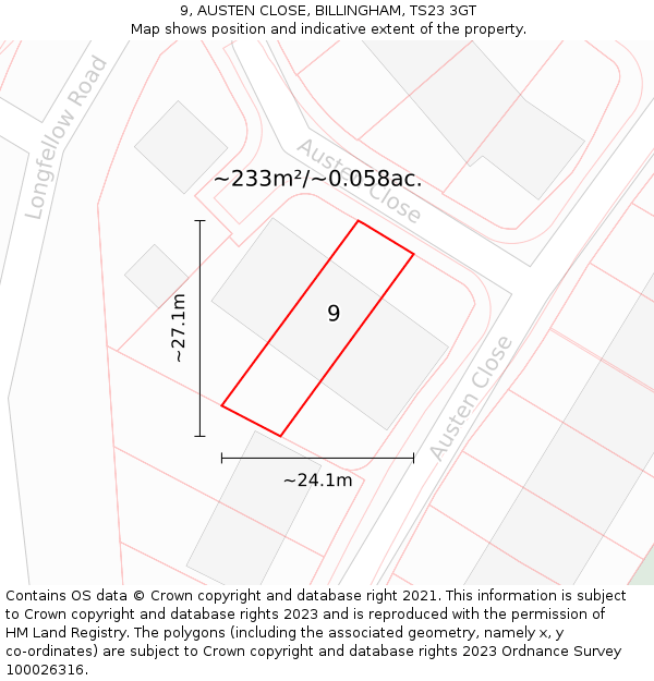 9, AUSTEN CLOSE, BILLINGHAM, TS23 3GT: Plot and title map