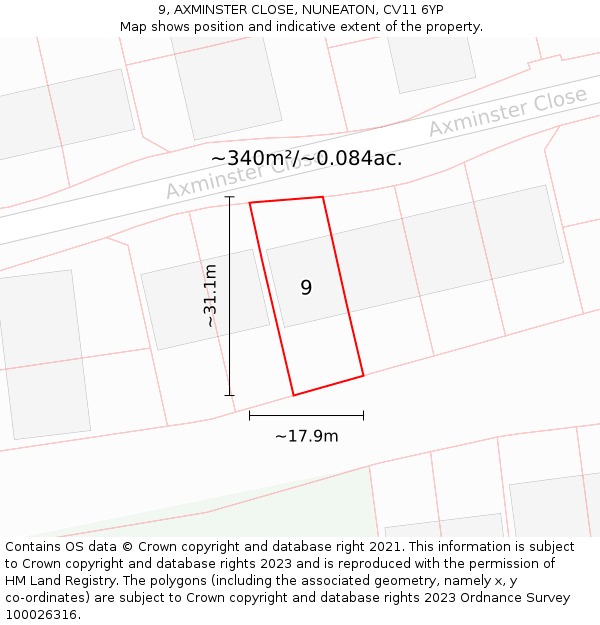9, AXMINSTER CLOSE, NUNEATON, CV11 6YP: Plot and title map