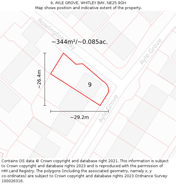9, AYLE GROVE, WHITLEY BAY, NE25 9GH: Plot and title map