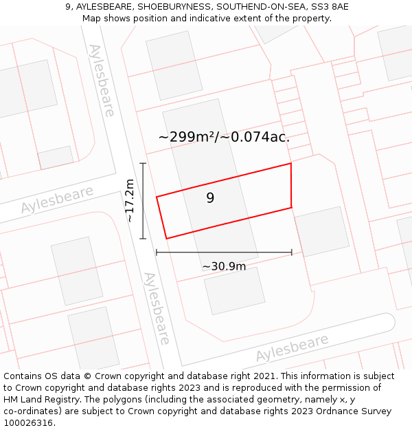 9, AYLESBEARE, SHOEBURYNESS, SOUTHEND-ON-SEA, SS3 8AE: Plot and title map