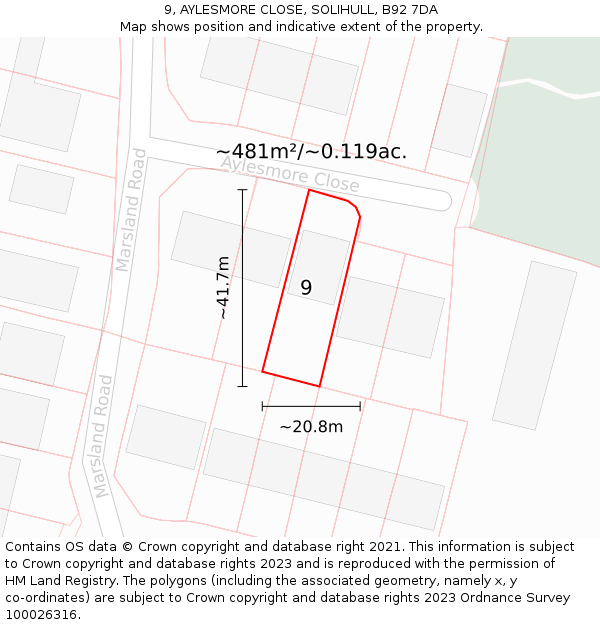 9, AYLESMORE CLOSE, SOLIHULL, B92 7DA: Plot and title map