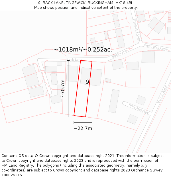 9, BACK LANE, TINGEWICK, BUCKINGHAM, MK18 4RL: Plot and title map