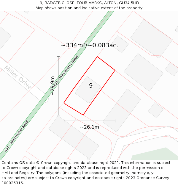 9, BADGER CLOSE, FOUR MARKS, ALTON, GU34 5HB: Plot and title map