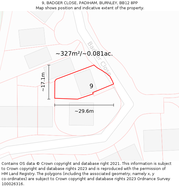 9, BADGER CLOSE, PADIHAM, BURNLEY, BB12 8PP: Plot and title map