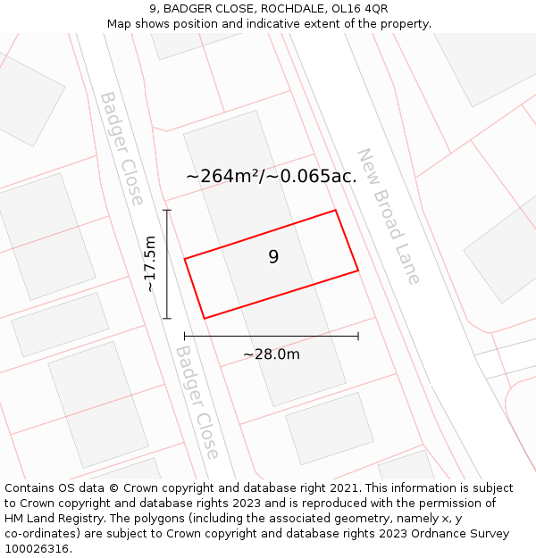 9, BADGER CLOSE, ROCHDALE, OL16 4QR: Plot and title map