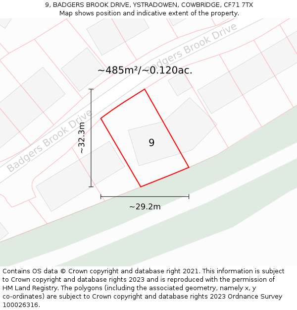 9, BADGERS BROOK DRIVE, YSTRADOWEN, COWBRIDGE, CF71 7TX: Plot and title map