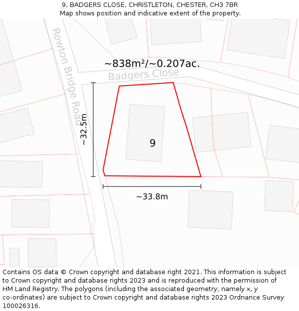 9, BADGERS CLOSE, CHRISTLETON, CHESTER, CH3 7BR: Plot and title map