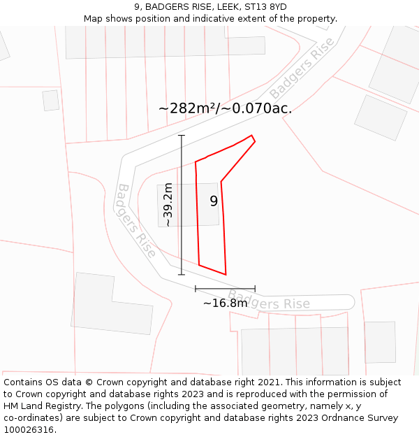 9, BADGERS RISE, LEEK, ST13 8YD: Plot and title map