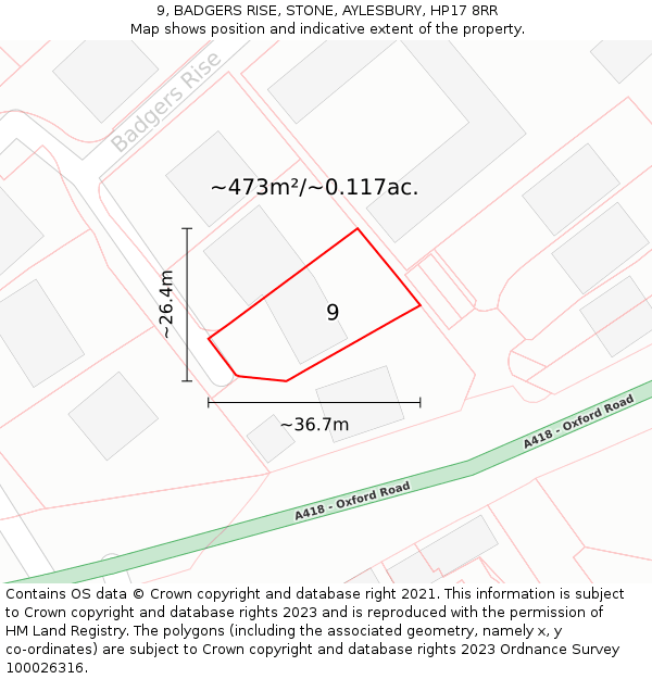 9, BADGERS RISE, STONE, AYLESBURY, HP17 8RR: Plot and title map