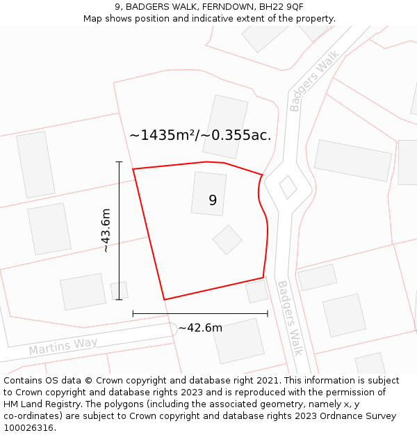 9, BADGERS WALK, FERNDOWN, BH22 9QF: Plot and title map