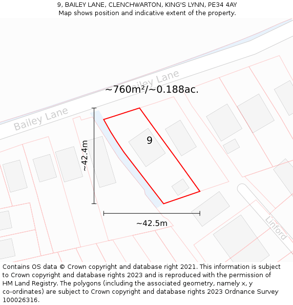 9, BAILEY LANE, CLENCHWARTON, KING'S LYNN, PE34 4AY: Plot and title map