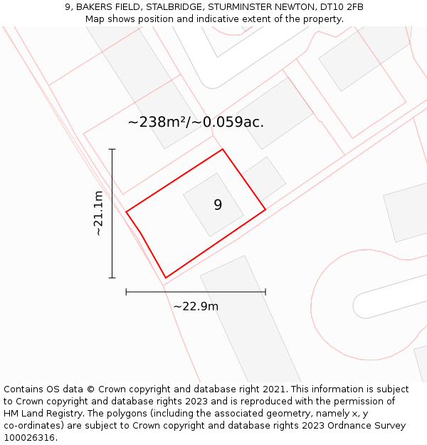 9, BAKERS FIELD, STALBRIDGE, STURMINSTER NEWTON, DT10 2FB: Plot and title map