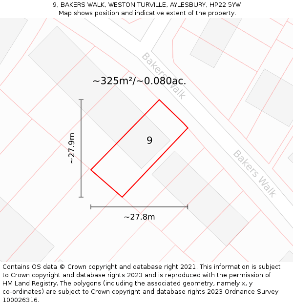 9, BAKERS WALK, WESTON TURVILLE, AYLESBURY, HP22 5YW: Plot and title map