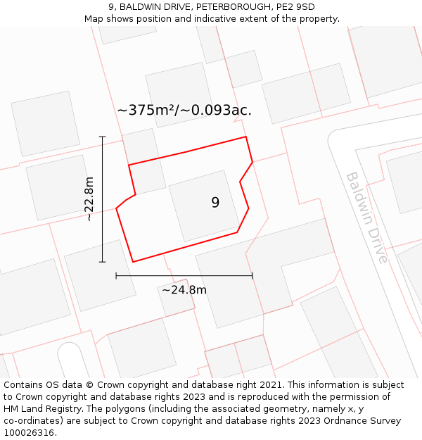 9, BALDWIN DRIVE, PETERBOROUGH, PE2 9SD: Plot and title map