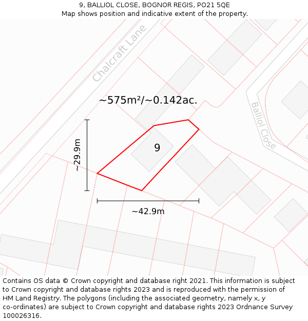 9, BALLIOL CLOSE, BOGNOR REGIS, PO21 5QE: Plot and title map