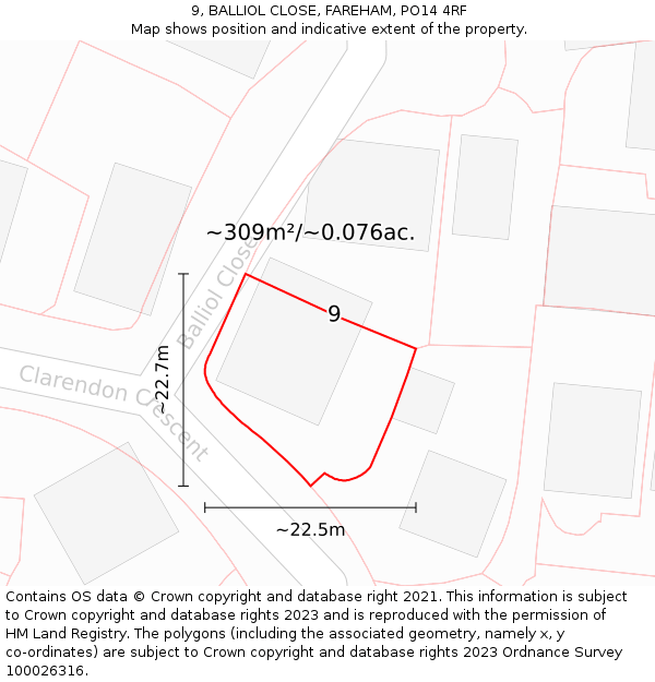 9, BALLIOL CLOSE, FAREHAM, PO14 4RF: Plot and title map