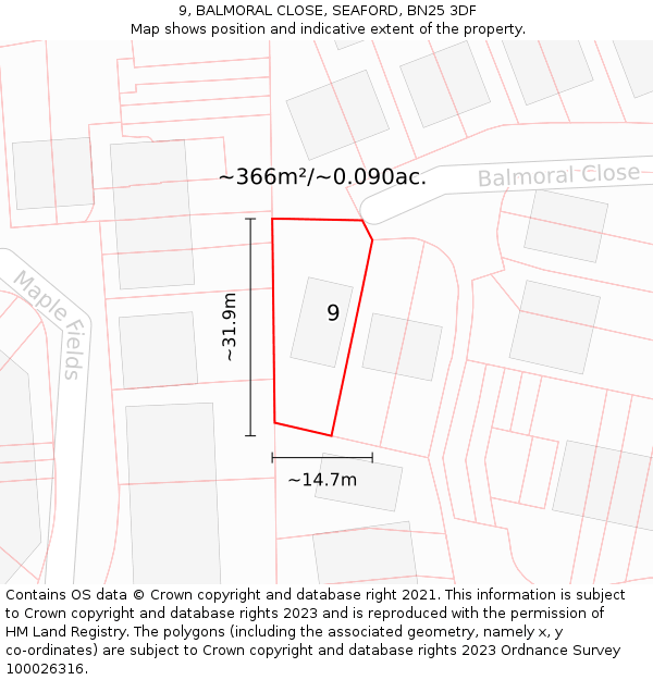 9, BALMORAL CLOSE, SEAFORD, BN25 3DF: Plot and title map