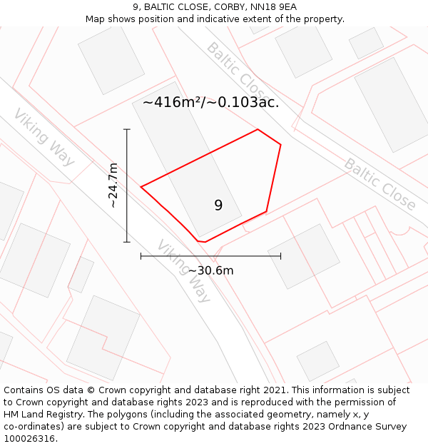 9, BALTIC CLOSE, CORBY, NN18 9EA: Plot and title map