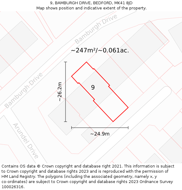 9, BAMBURGH DRIVE, BEDFORD, MK41 8JD: Plot and title map