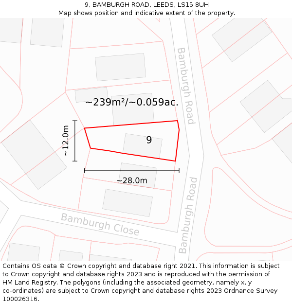 9, BAMBURGH ROAD, LEEDS, LS15 8UH: Plot and title map