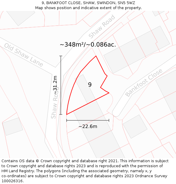 9, BANKFOOT CLOSE, SHAW, SWINDON, SN5 5WZ: Plot and title map