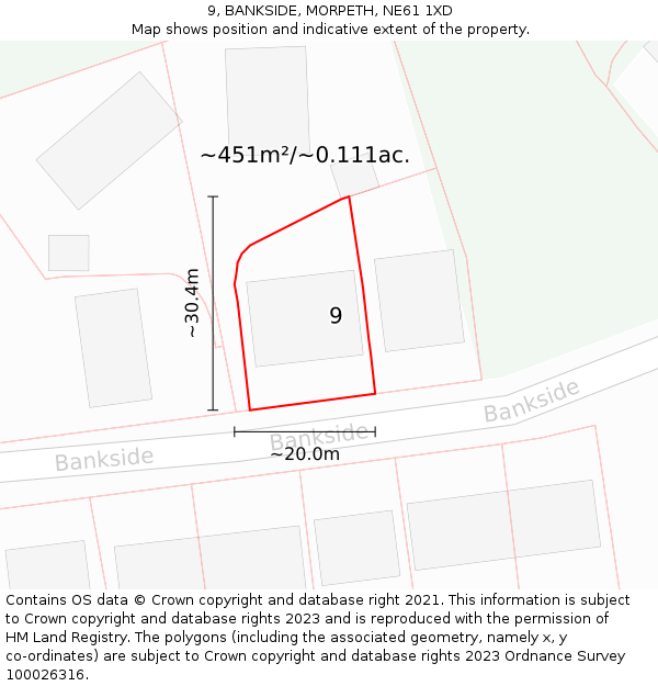 9, BANKSIDE, MORPETH, NE61 1XD: Plot and title map