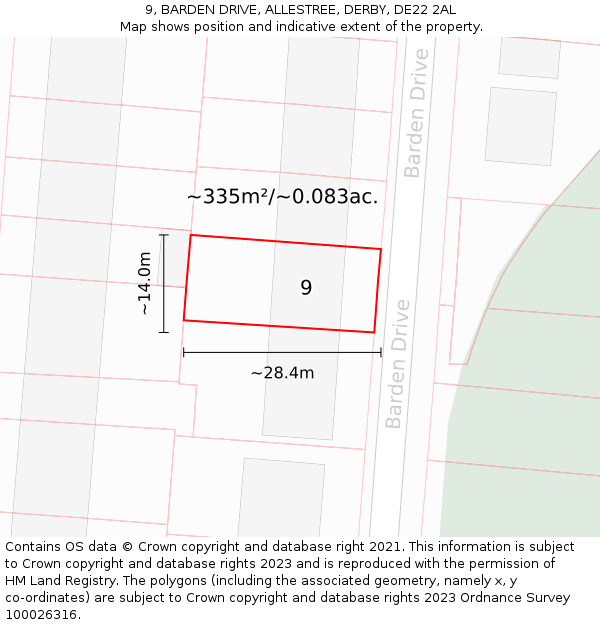 9, BARDEN DRIVE, ALLESTREE, DERBY, DE22 2AL: Plot and title map