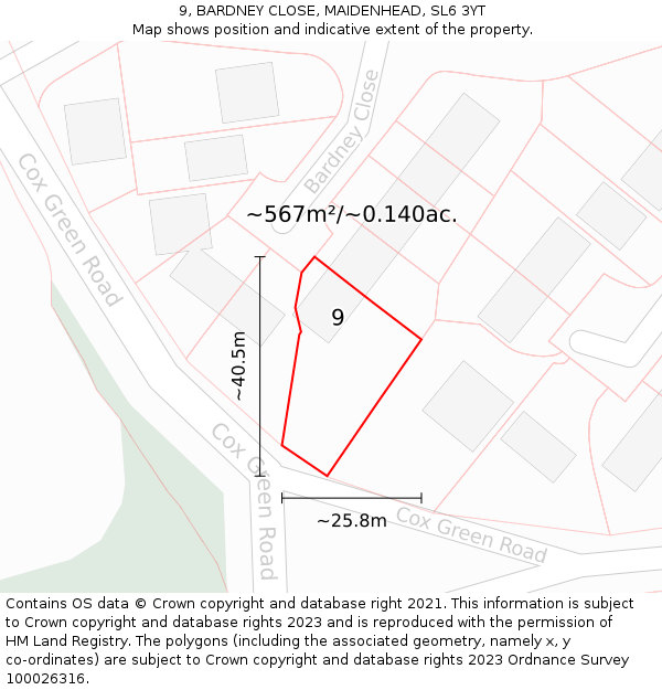 9, BARDNEY CLOSE, MAIDENHEAD, SL6 3YT: Plot and title map