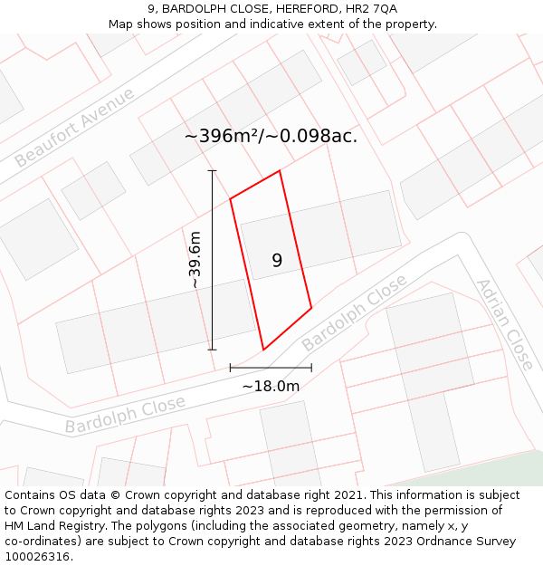 9, BARDOLPH CLOSE, HEREFORD, HR2 7QA: Plot and title map