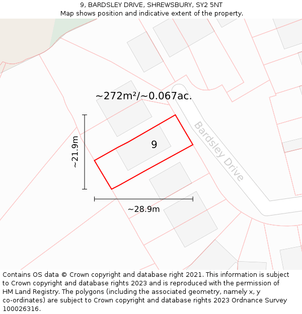 9, BARDSLEY DRIVE, SHREWSBURY, SY2 5NT: Plot and title map