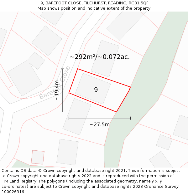 9, BAREFOOT CLOSE, TILEHURST, READING, RG31 5QF: Plot and title map