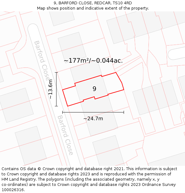 9, BARFORD CLOSE, REDCAR, TS10 4RD: Plot and title map