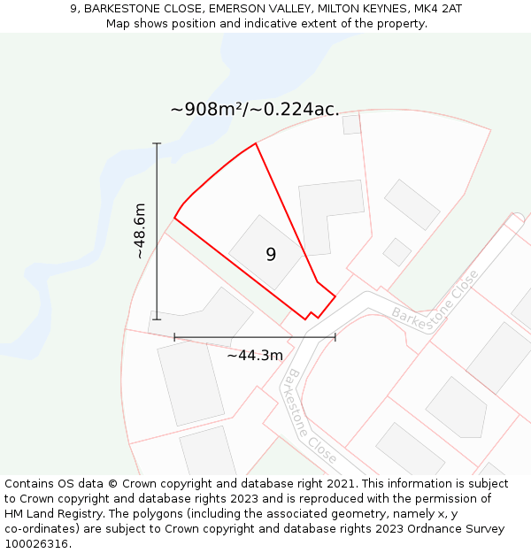 9, BARKESTONE CLOSE, EMERSON VALLEY, MILTON KEYNES, MK4 2AT: Plot and title map