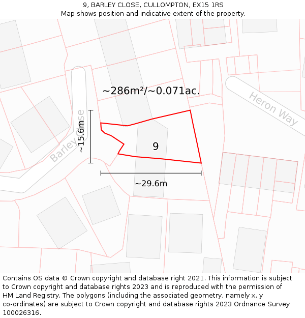 9, BARLEY CLOSE, CULLOMPTON, EX15 1RS: Plot and title map