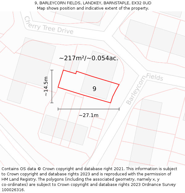 9, BARLEYCORN FIELDS, LANDKEY, BARNSTAPLE, EX32 0UD: Plot and title map