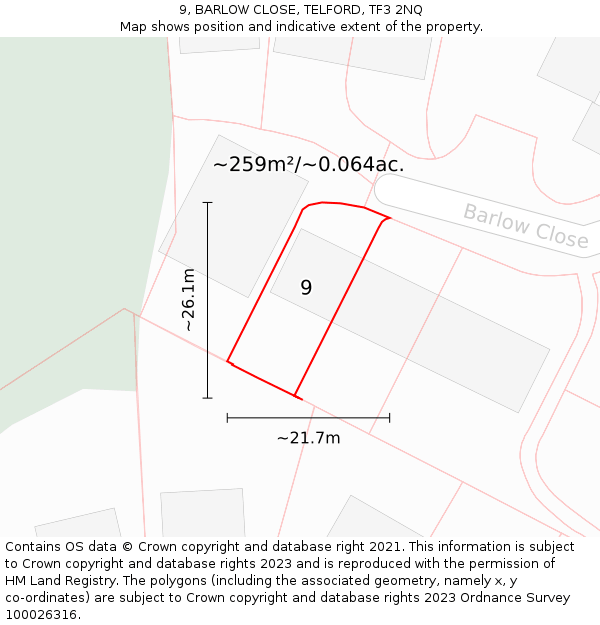 9, BARLOW CLOSE, TELFORD, TF3 2NQ: Plot and title map